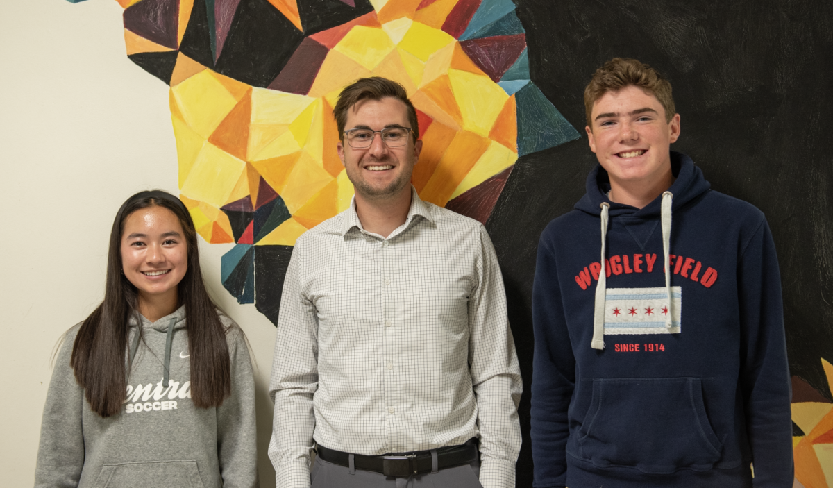 10.30.24 (From L to R) Sophomore Lizzie Rah, Principal Nolan Trafton, and Sophomore Matteo Harris taking a quick picture after recording the first episode of the new BC Podcast. 